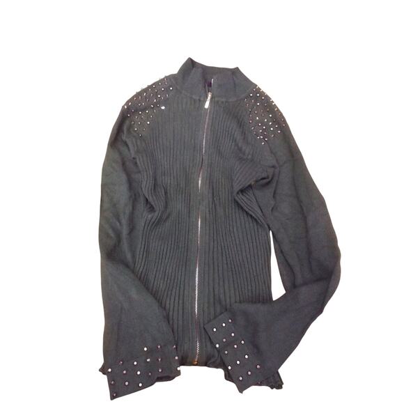 Fontana Pea Green Zip Up Sweater Accents Sz L - Picture 1 of 5